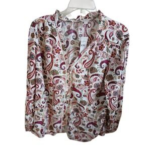 NWT LOFT Paisley Print Ruffle Neck Button Front Long Sleeve Blouse Women's L